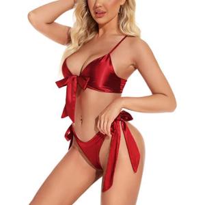 Maroon Valentine Special Babydoll Bikini Set| Non-Padded Satin Bra Panty
