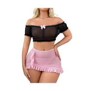 Women’s Off-Shoulder Sheer Babydoll Lingerie Set with Crop Top & Mini Skirt