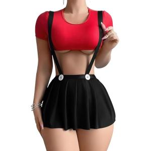 Black Women's Pleated Mini Skirt with Suspenders, Button Detail, School Girl Style