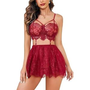 Maroon Women’s Sheer lace Floral Design with Adjustable Strap Mesh Chemise Lingerie Set