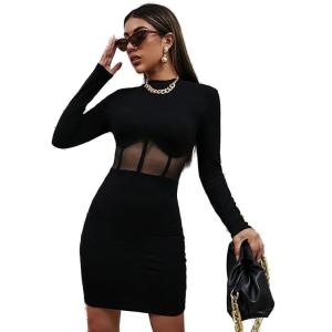 Black Women's Long Sleeve Dress with Sheer Waist Detail | Knee-Length Mini Dress | Midi Western Dress for Women | Short Dress