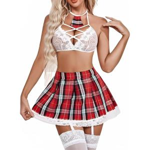 White Lace Bra with Strappy Design & Red Plaid Mini Skirt