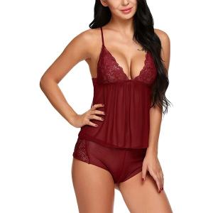 Maroon Women's Lace Net Solid Above The Knee Babydoll